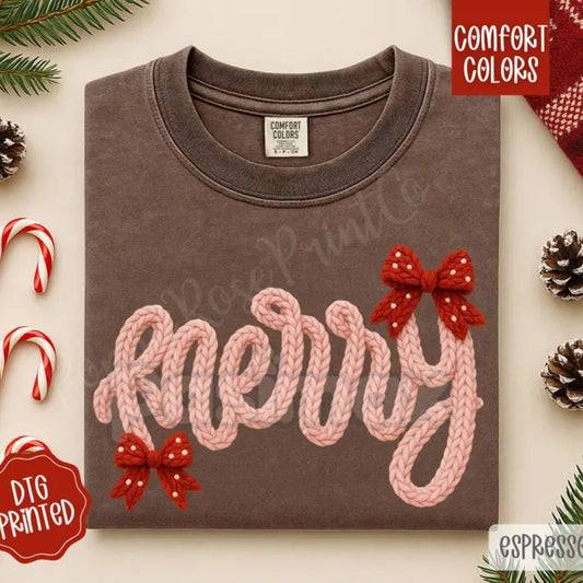 'Merry' Faux Knit Christmas Shirt – Comfort Colors® Vintage Sweater Look Tee, Cozy Holiday Graphic T-Shirt-Pasimax
