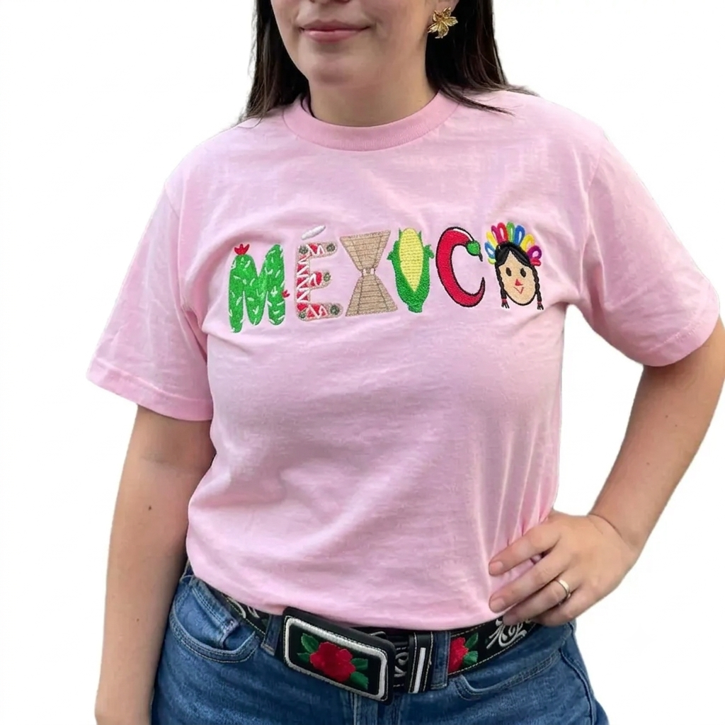 Mexico Embroidered Graphic Cotton T-Shirt – Cultural Heritage Tee, Unisex Embroidered Top for Travel & Vacation-Pasimax