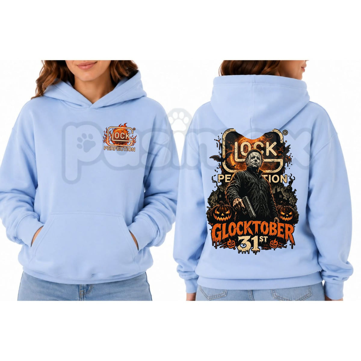 Michael Myers Glocktober 31st Double-Sided Graphic Hoodie – Halloween Horror Tactical Slasher Pullover, Spooky Season Gun Humor Sweatshirt, Unisex Heavy Blend-Pasimax