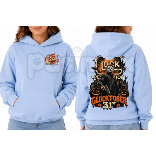 Michael Myers Glocktober 31st Double-Sided Graphic Hoodie – Halloween Horror Tactical Slasher Pullover, Spooky Season Gun Humor Sweatshirt, Unisex Heavy Blend-Pasimax