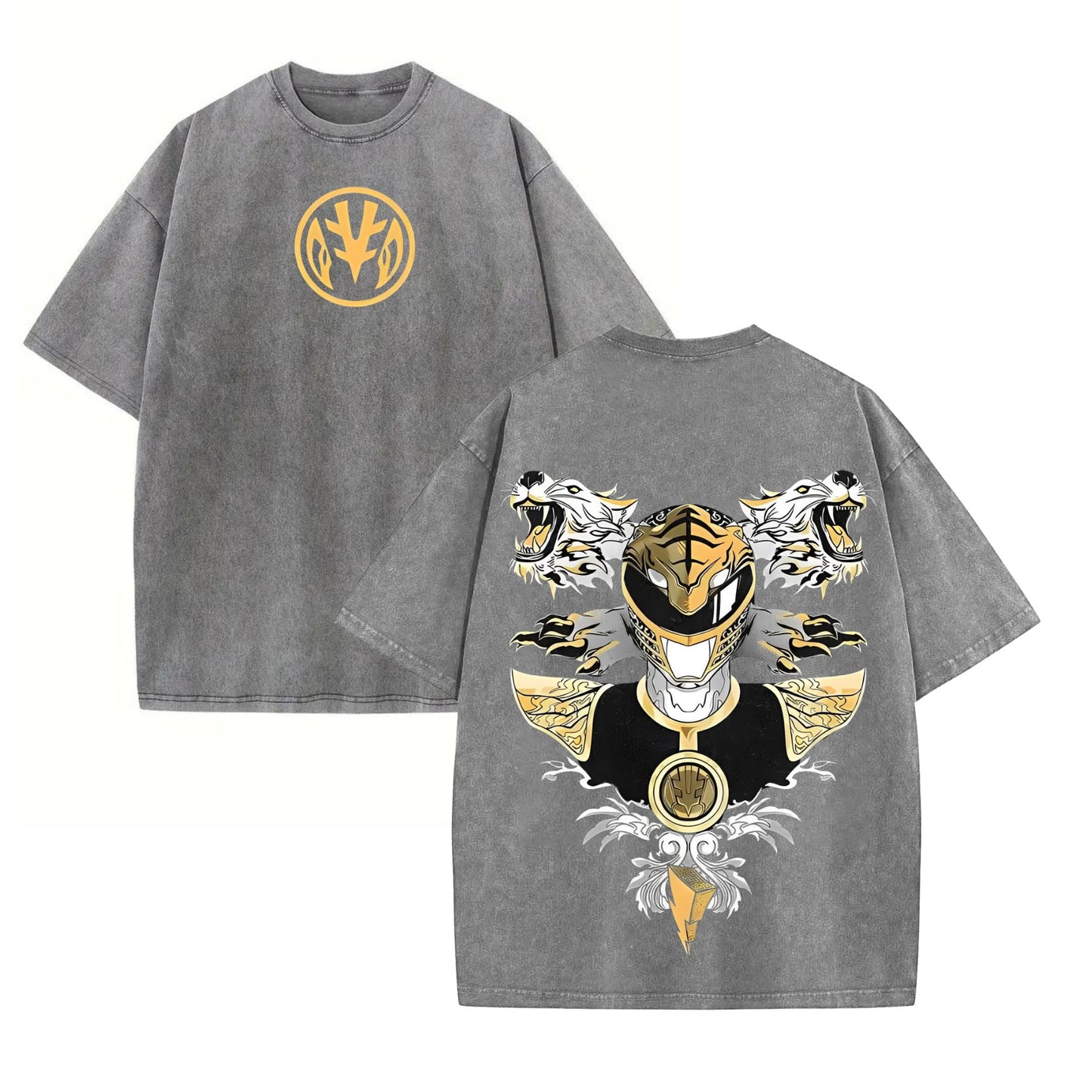 Mighty Morphin Power Rangers T-Shirt – Green, White, Red Ranger Washed Cotton Tee-Pasimax