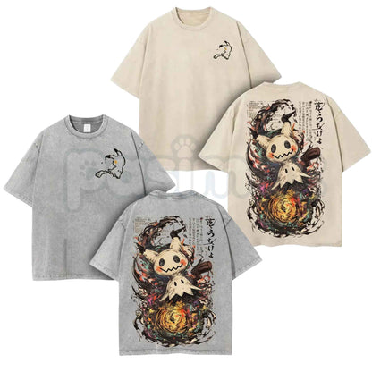 Mimikyu Ghost Vintage Washed Graphic Tee – Retro Anime Spooky Graphic T-Shirt, Vintage Washed Lightweight Cotton Unisex Streetwear Top-Pasimax