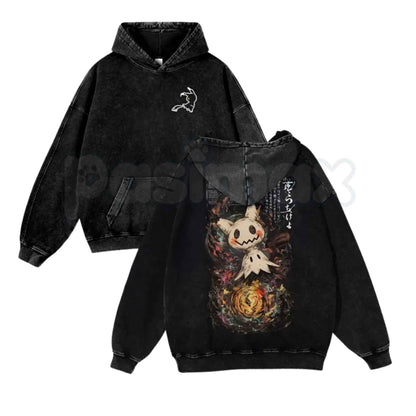 Mimikyu Japanese Ink-Wash Style Washed Hoodie – Yokai Pocket Graphic Pullover, Unisex Aesthetic Streetwear-Pasimax