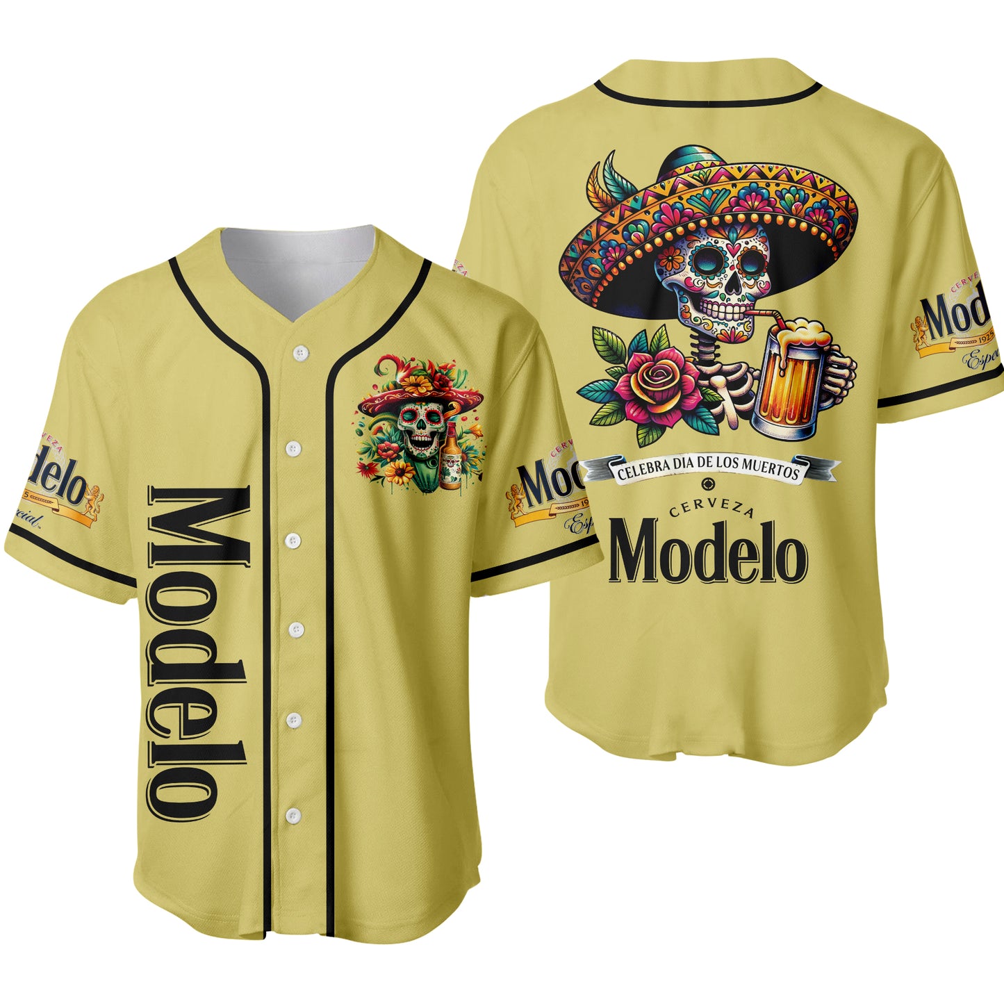 Día de los Muertos All-Black Skull Baseball Jersey – Modelo Negra Unisex Shirt