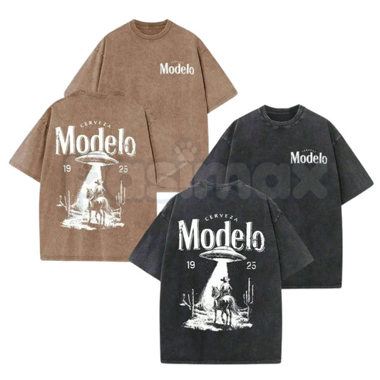 Modelo UFO Cowboy Graphic T-Shirt – Vintage Washed Alien Western Tee, Lightweight Retro Cotton Beer Streetwear-Pasimax