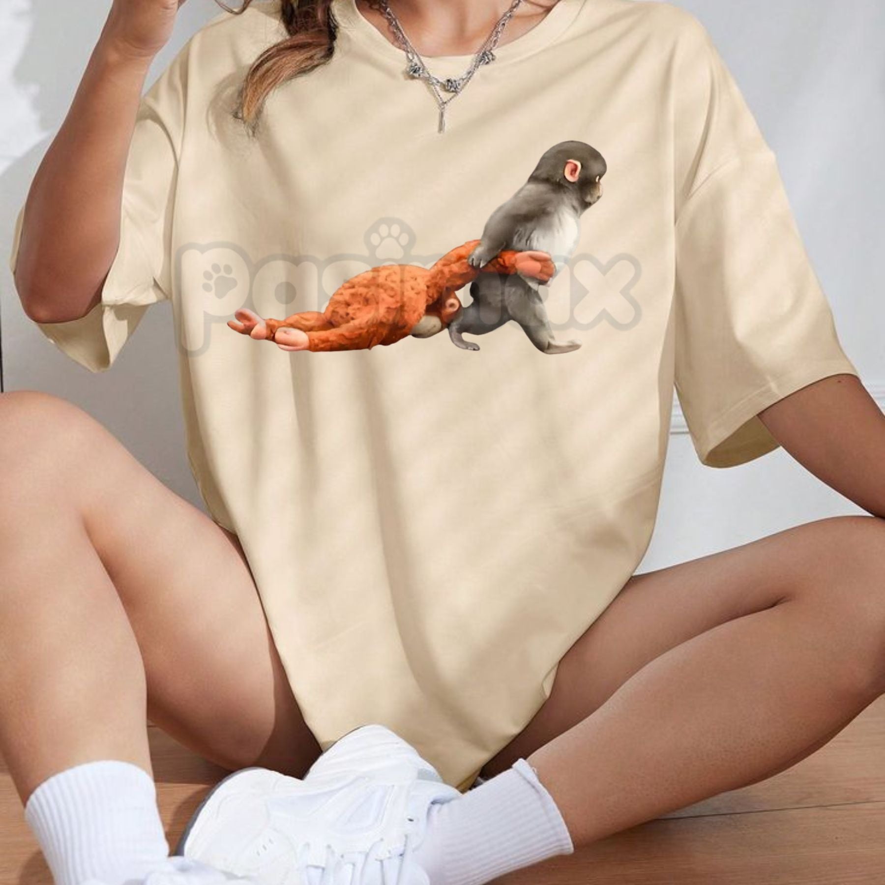 Monkey Punch Baby Monkey Graphic T-Shirt - Cute Baby Monkey Holding Plush Toy Shirt, Premium 100% Cotton Animal Lover Tee, Whimsical Wildlife Illustration Top, Adorable Primate Cuddle Graphic Apparel, Soft Lived-In Unisex Nature Tee-Pasimax