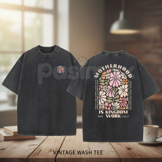 Motherhood is the Kingdom of Work Vintage Washed T-Shirt – Inspirational Mom Graphic Tee, Lightweight Cotton Aesthetic Streetwear-Pasimax