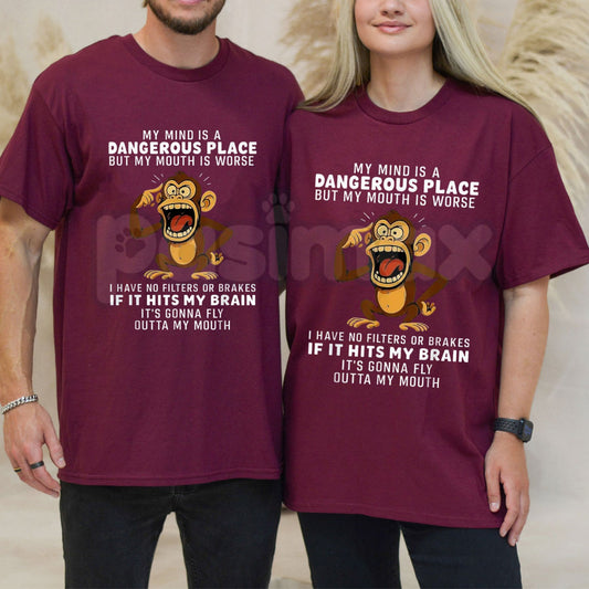 "My Mind Is a Dangerous Place" Slogan T-Shirt – Deep Thinker Edgy Graphic Tee, Premium 100% Cotton Philosophical Quote Top, Soft Lived-In Heavyweight Introvert Statement Shirt, Made in USA-Pasimax