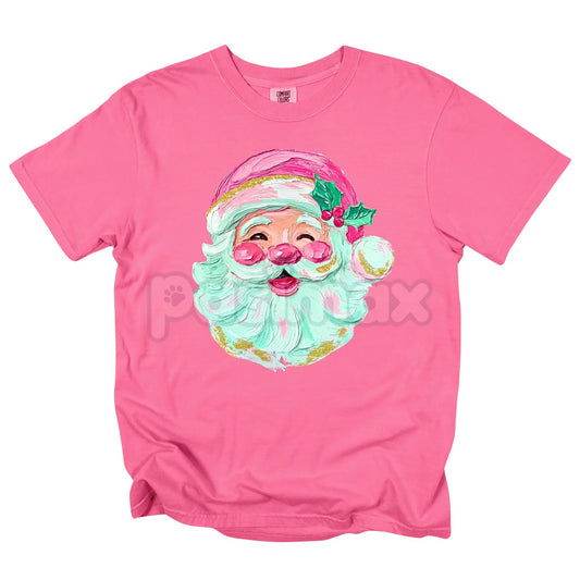 'NLB' Comfort Colors® Retro Santa T-Shirt – Pink Painted Christmas Vintage Tee, Unique Holiday Style-Pasimax