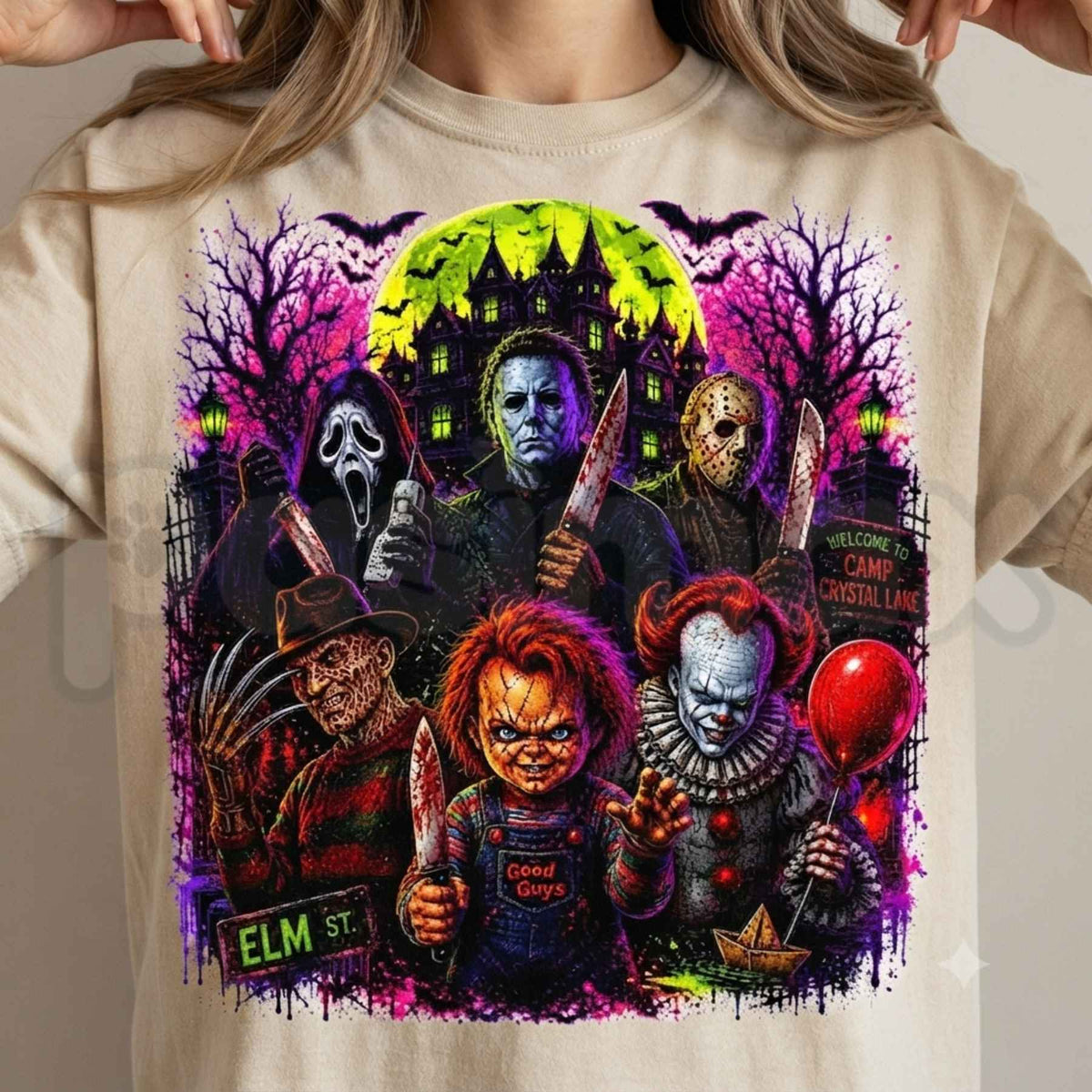 Neon Halloween Horror Movie Characters T-Shirt – Retro Cyberpunk Scary Slashers Unisex Tee-Pasimax