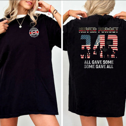 "Never Forget 343" Firefighter T-Shirt - 9/11 Memorial American Flag Tribute Tee, Honoring Heroes Apparel-Pasimax