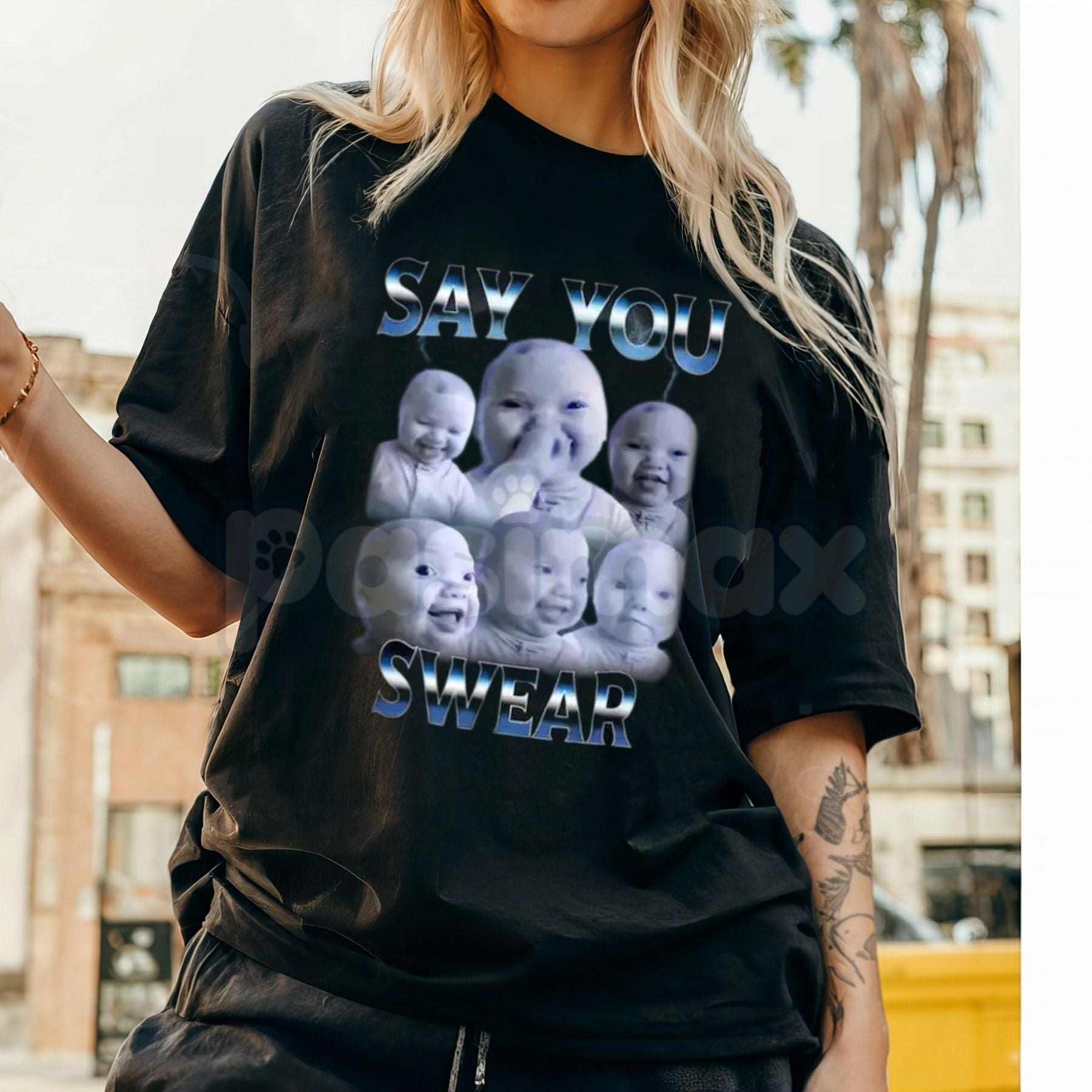 Niche Baby Holding Laugh Graphic T-Shirt - Ironic Surreal Meme Tee, Funny Aesthetic "Shitpost" Apparel, Trendy Weird Core Social Media Shirt-Pasimax