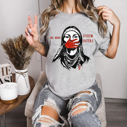 "No More Stolen Sisters" MMIW T-Shirt – Indigenous Red Hand Native American Graphic Tee, Premium 100% Cotton Justice for Indigenous Women Top, Soft Lived-In Heavyweight Wear Red Advocacy Shirt, Made in USA-Pasimax