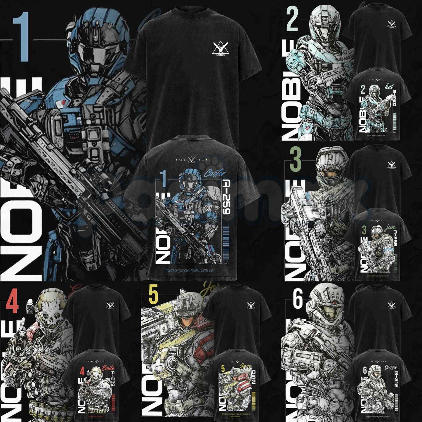 Noble Team V3 Halo Reach T-Shirt – Double Printed Spartan Graphic Tee, Vintage Acid Washed Lightweight Cotton Oversized Gaming Streetwear Top-Pasimax