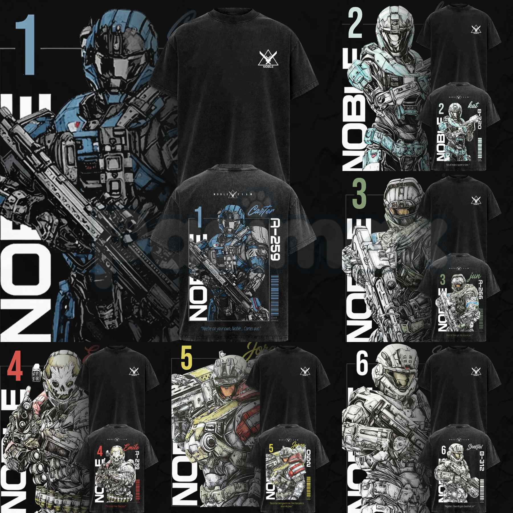 Noble Team V3 Halo Reach T-Shirt – Double Printed Spartan Graphic Tee, Vintage Acid Washed Lightweight Cotton Oversized Gaming Streetwear Top-Pasimax