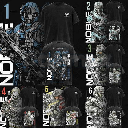 Noble Team V3 Halo Reach T-Shirt – Double Printed Spartan Graphic Tee, Vintage Acid Washed Lightweight Cotton Oversized Gaming Streetwear Top-Pasimax