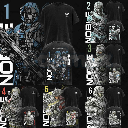 Noble Team V3 Halo Reach T-Shirt – Double Printed Spartan Graphic Tee, Vintage Acid Washed Lightweight Cotton Oversized Gaming Streetwear Top-Pasimax