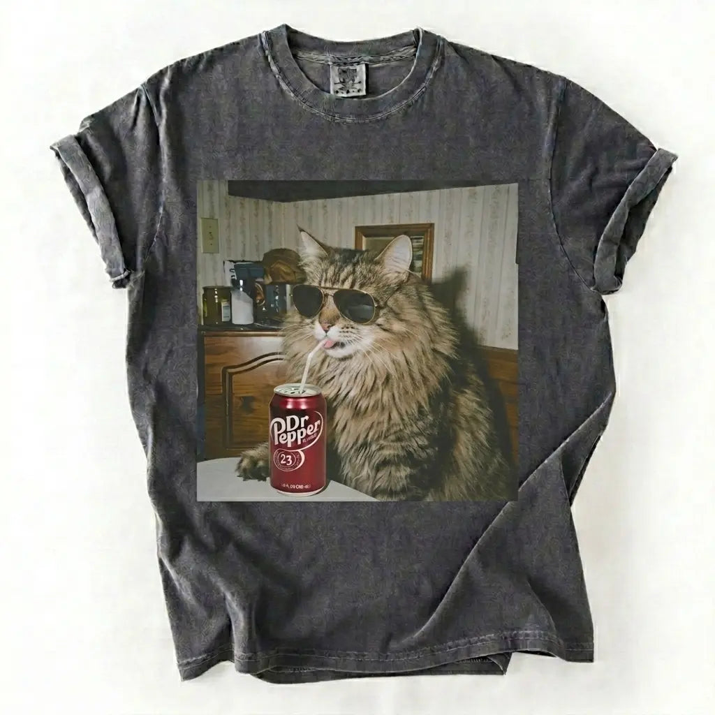 Comfort Colors® Vintage Cat Breeds Drinking Soda T-Shirt – Retro 90s Funny Edgy Cat Meme Graphic Tee, Aesthetic Quirky Animal Lover Unisex Top