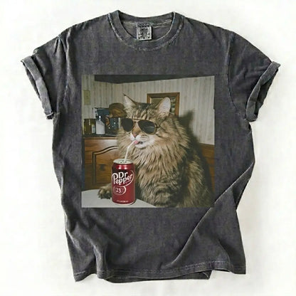 Comfort Colors® Vintage Cat Breeds Drinking Soda T-Shirt – Retro 90s Funny Edgy Cat Meme Graphic Tee, Aesthetic Quirky Animal Lover Unisex Top