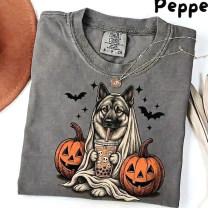 Comfort Colors® Pepper Dog Ghost & Boba Tea Halloween T-Shirt – Custom Dog Breeds Spooky Season Graphic Tee, Vintage Pet Lover Unisex Top