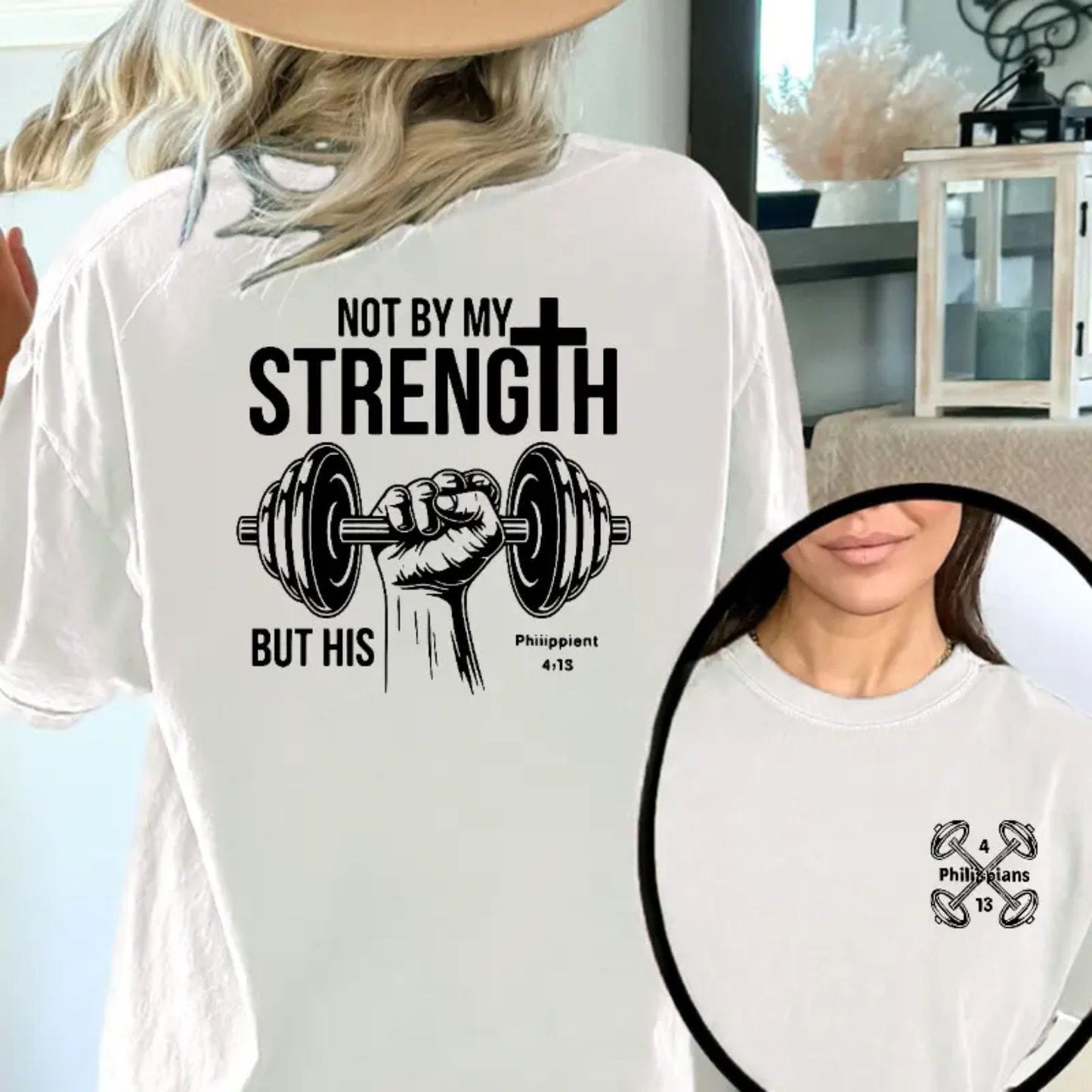 "Not by My Strength" Vintage T-Shirt - Faith & Fitness Graphic Tee, Double-Sided Cross & Dumbbell Top-Pasimax