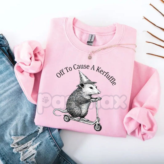Off To Cause A Kerfuffle Sweatshirt | Funny Opossum Scooter Sweatshirt | Sarcastic Opossum Graphic Jumper | Chaos Energy Pullover | Whimsical Animal Meme Shirt | Weird Core Opossum Gift-Pasimax