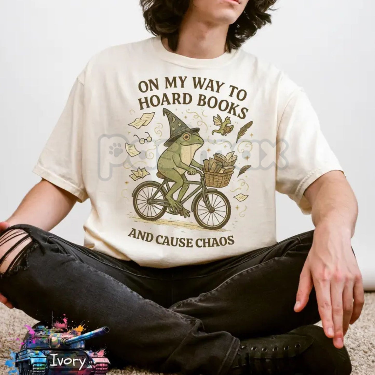 'On My Way To Hoard Books And Cause Chaos' T-Shirt – Funny Book Lover & Anti-Social Tee, Cottagecore Frog Vibe-Pasimax