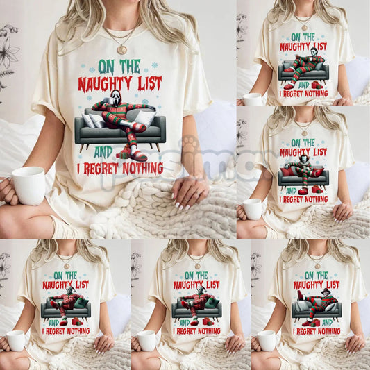 "On The Naughty List And I Regret Nothing" Christmas Shirt - Christmas Halloween Characters Tee, Team Naught-Pasimax