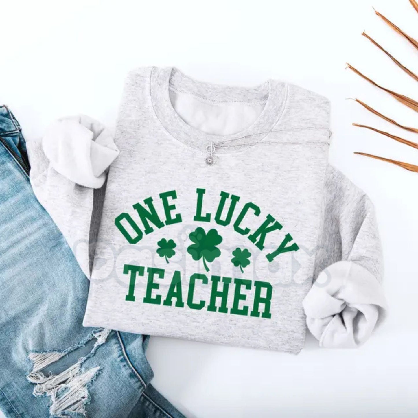 One Lucky Teacher Adult Sweatshirt | Green Varsity Lettering St Patrick's Day Crewneck | Shamrock Accent Teacher Pullover | Lucky Educator Holiday Outfit | Retro Varsity St Pattys Shirt | Soft Cozy Teacher Gift Jumper-Pasimax