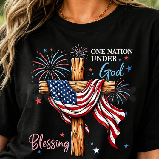 "One Nation Under God" American Flag Cross T-Shirt – Christian Patriotic 4th of July Novelty Faith Graphic Tee-Pasimax