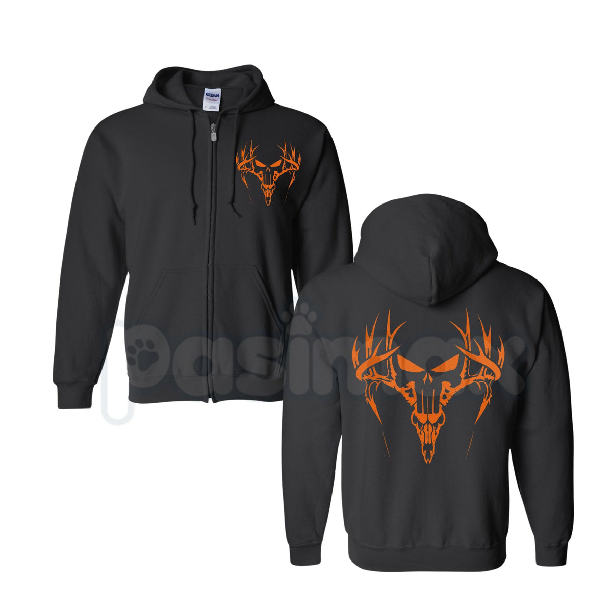 Orange Deer Antler Skull Hunting Graphic Zip-Up Hoodie – Blaze Orange Outdoorsman Outerwear, Wildlife Camo Style Sweatshirt-Pasimax