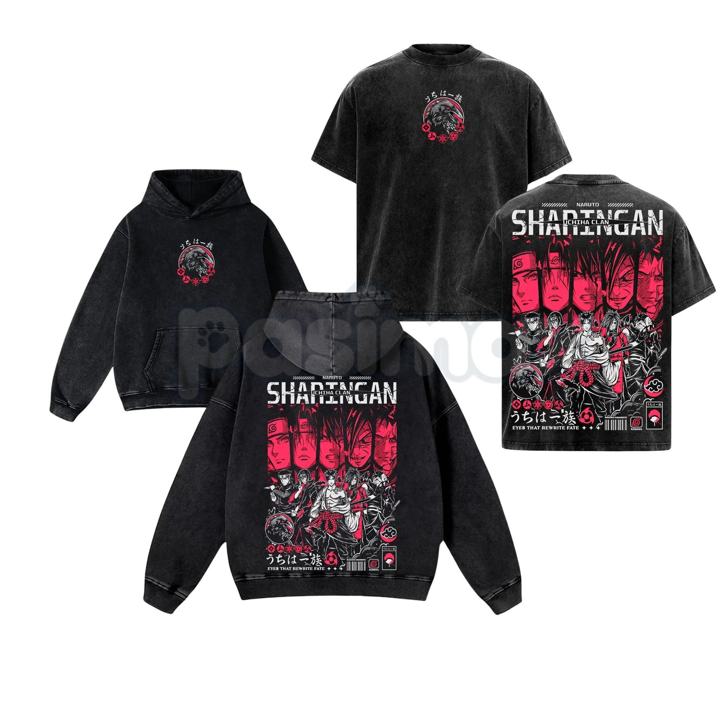 Otaku Lux Uchiha Clan Sharingan T-Shirt – Retro Vintage Washed Naruto Anime Graphic Tee-Pasimax