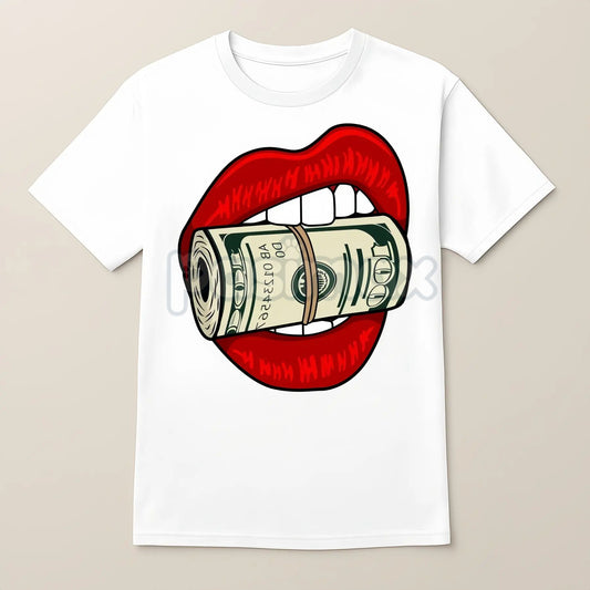 Oversized Red Lips Biting Cash Roll Graphic Tee - Edgy Streetwear Shirt, Luxury Lifestyle Apparel-Pasimax
