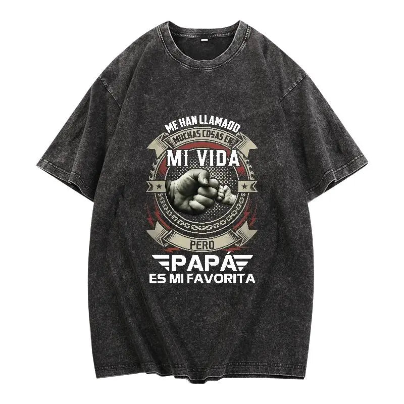 Papá Es Mi Favorito T-Shirt – Spanish Father's Day Vintage Washed Tee, Retro Lightweight Cotton Daughter Graphic Top, Sincere Family Streetwear-Pasimax