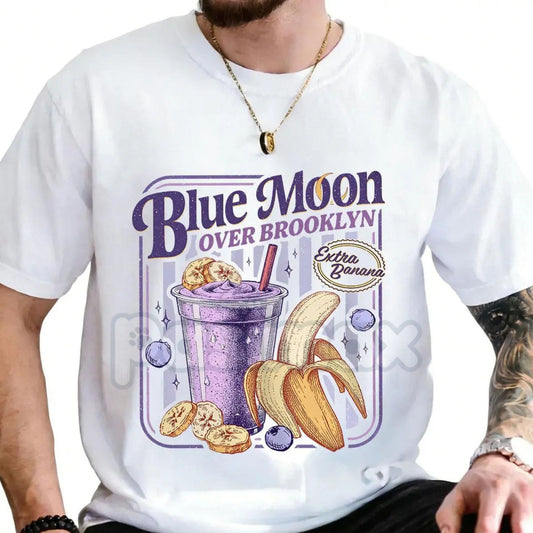 Parody Blue Moon Over Brooklyn T-Shirt - Extra Banana Smoothie Graphic Tee, Heated Rivalry Fan Merch, Shane and Ilya Hockey Romance Shirt, Ironic Brooklyn Sports Bar Apparel-Pasimax