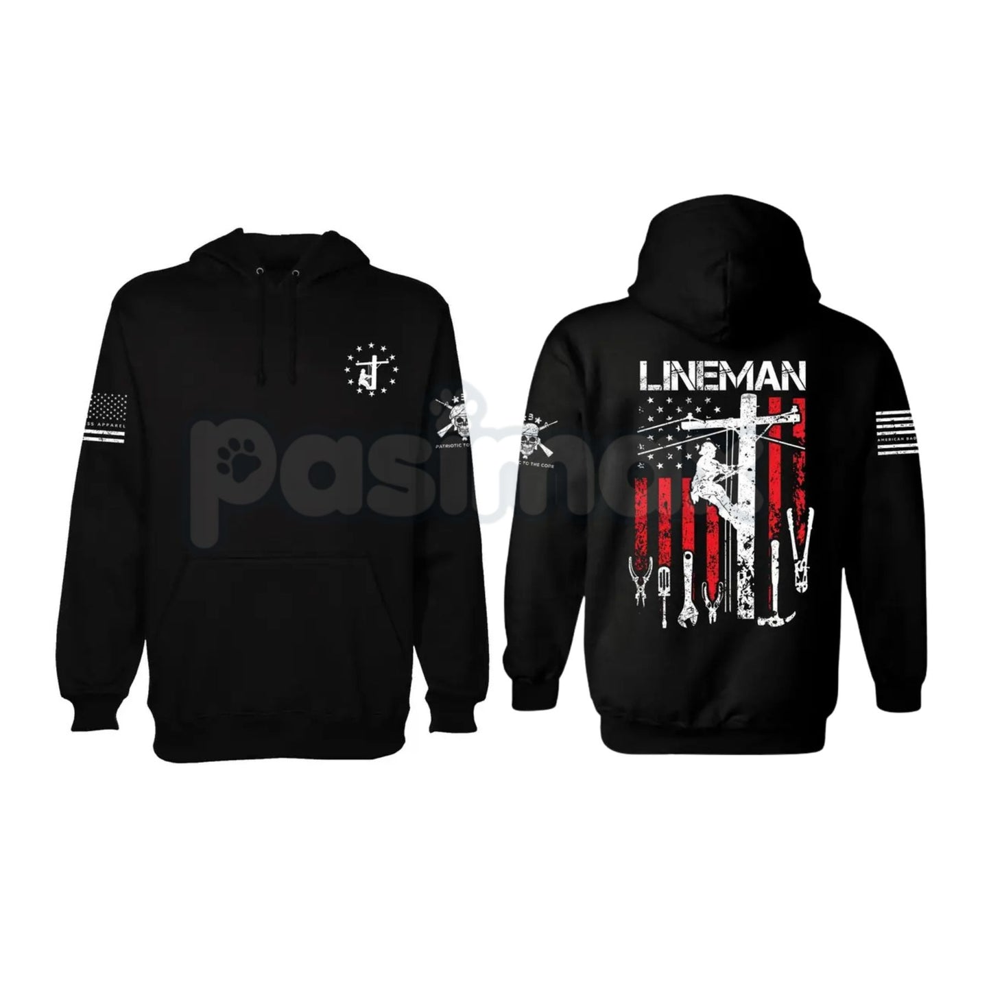 Patriotic American Flag Lineman Hoodie – USA Flag Work Pullover, Electric Lineworker Trade Apparel, Unisex-Pasimax