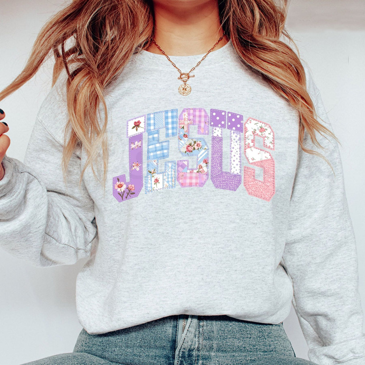 Patterned Jesus Sweatshirt | Retro Faith Grid & Cross Graphic Crewneck-Pasimax