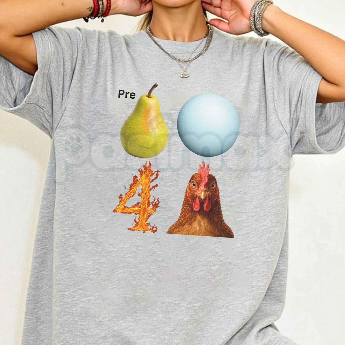 Pear-Shaped Planet Rooster T-Shirt – Quirky Celestial Animal Graphic Unisex Tee-Pasimax