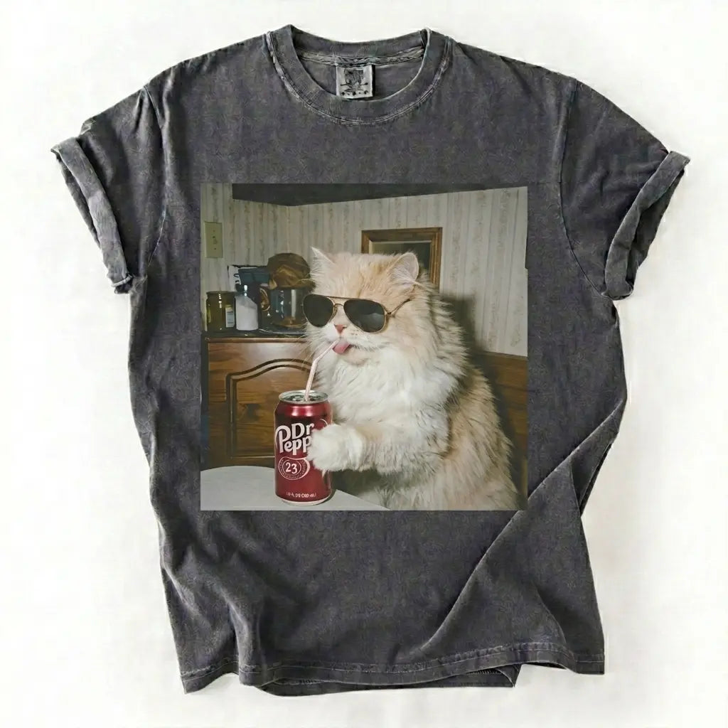 Comfort Colors® Vintage Cat Breeds Drinking Soda T-Shirt – Retro 90s Funny Edgy Cat Meme Graphic Tee, Aesthetic Quirky Animal Lover Unisex Top