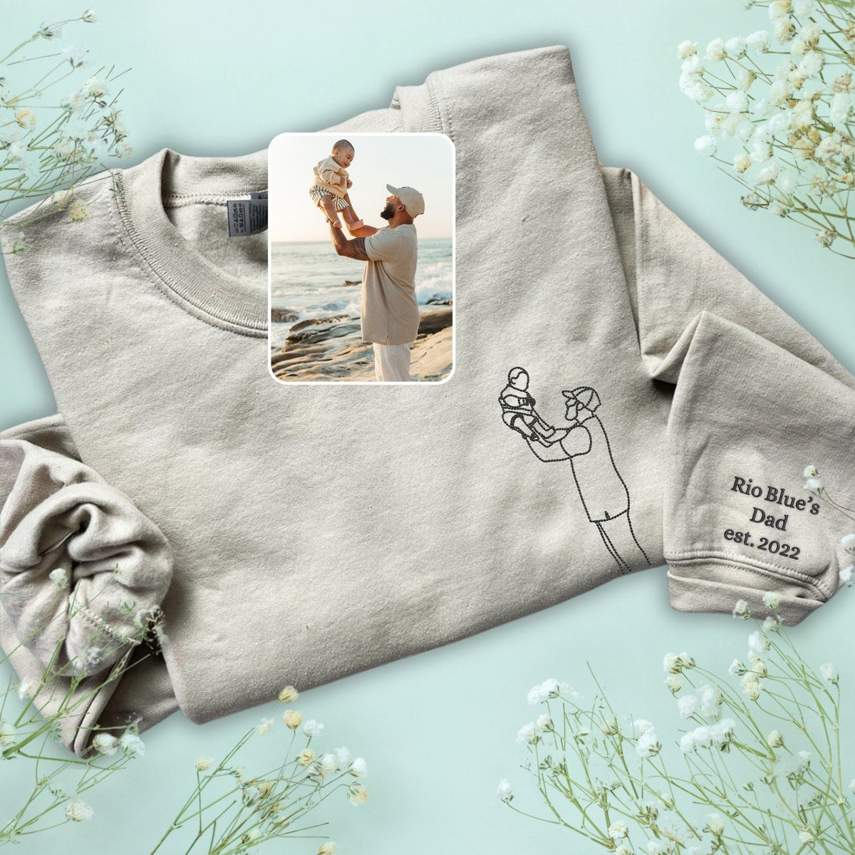 Personalized Embroidered Dad Sweatshirt – Custom Family Portrait, Meaningful Gift for Dad