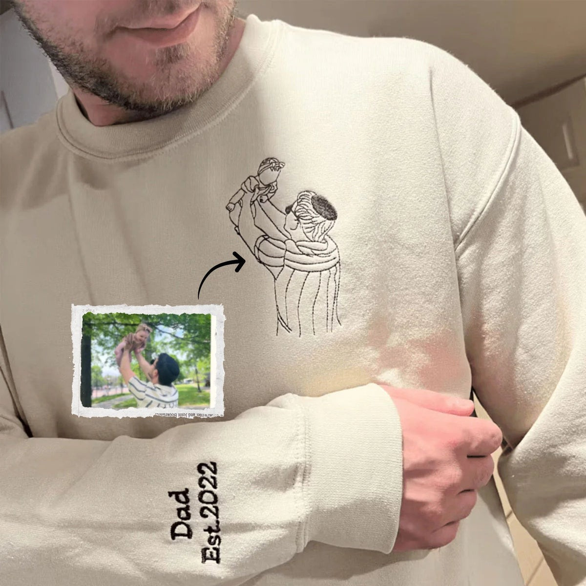 Personalized Father's Day Embroidered Photo Portrait Sweatshirt – Custom Dad Hoodie, Unique Gift for Dad
