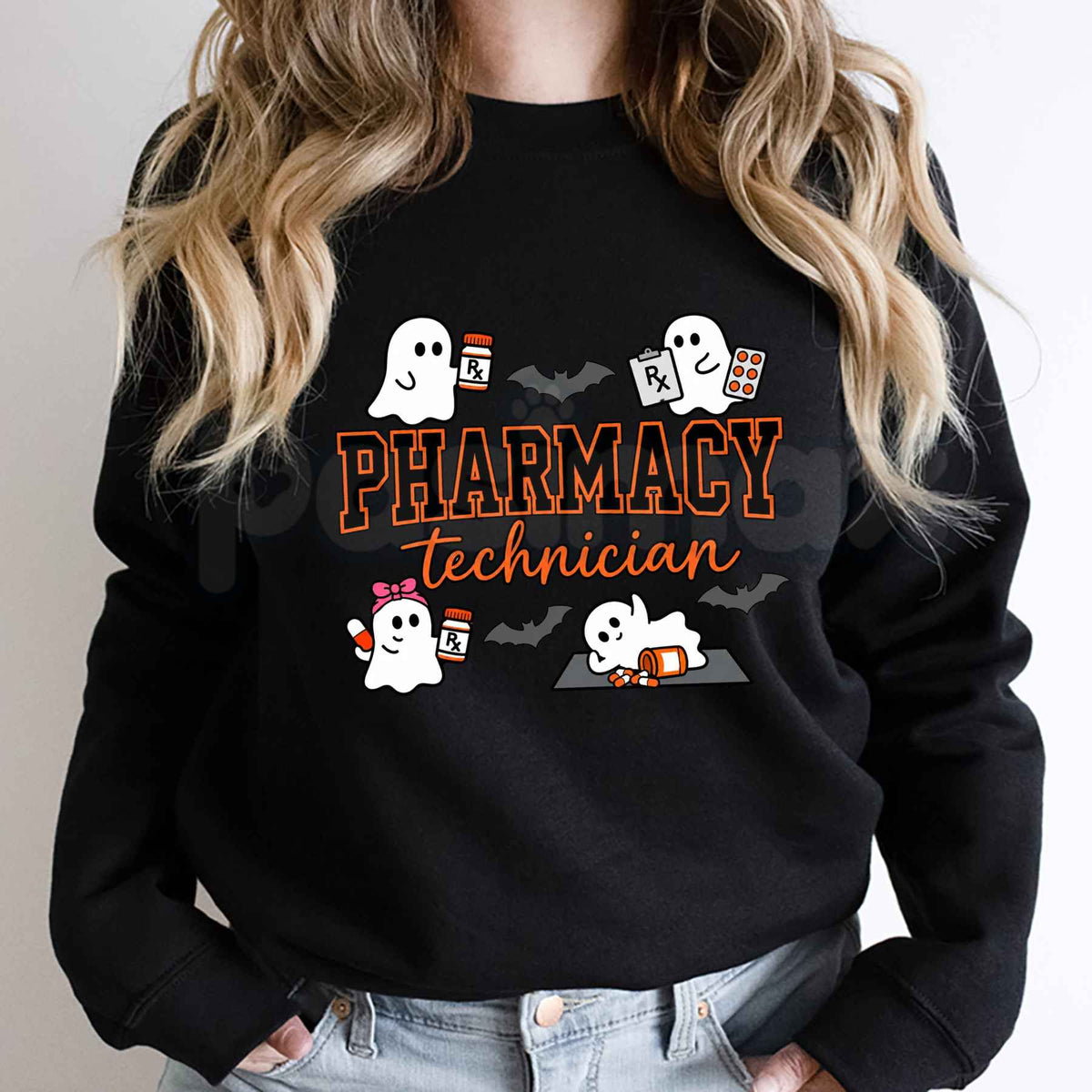 Pharmacy Technician Halloween Shirt | Spooky Ghost Pharm Tech Crewneck-Pasimax