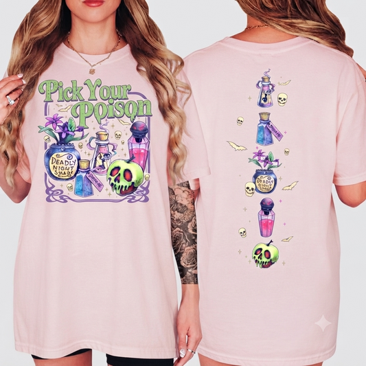 Pick Your Poison 2 Sided T-Shirt – Retro Spooky Halloween Unisex Graphic Tee-Pasimax