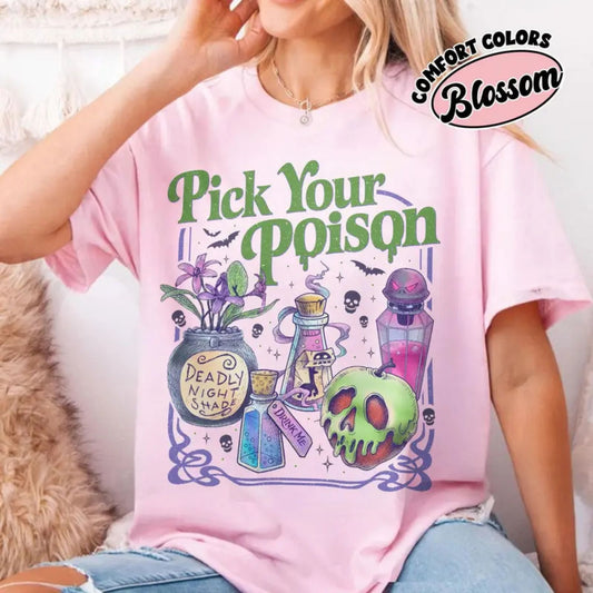'Pick Your Poison' Vintage Disney Villain Tee – Halloween Potion Shirt, Wicked Humor Top, Spooky Retro Apparel-Pasimax