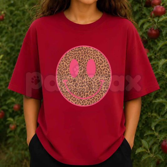 Pink Cheetah Smiley Graphic T-Shirt – Y2K Leopard Face Unisex Tee-Pasimax