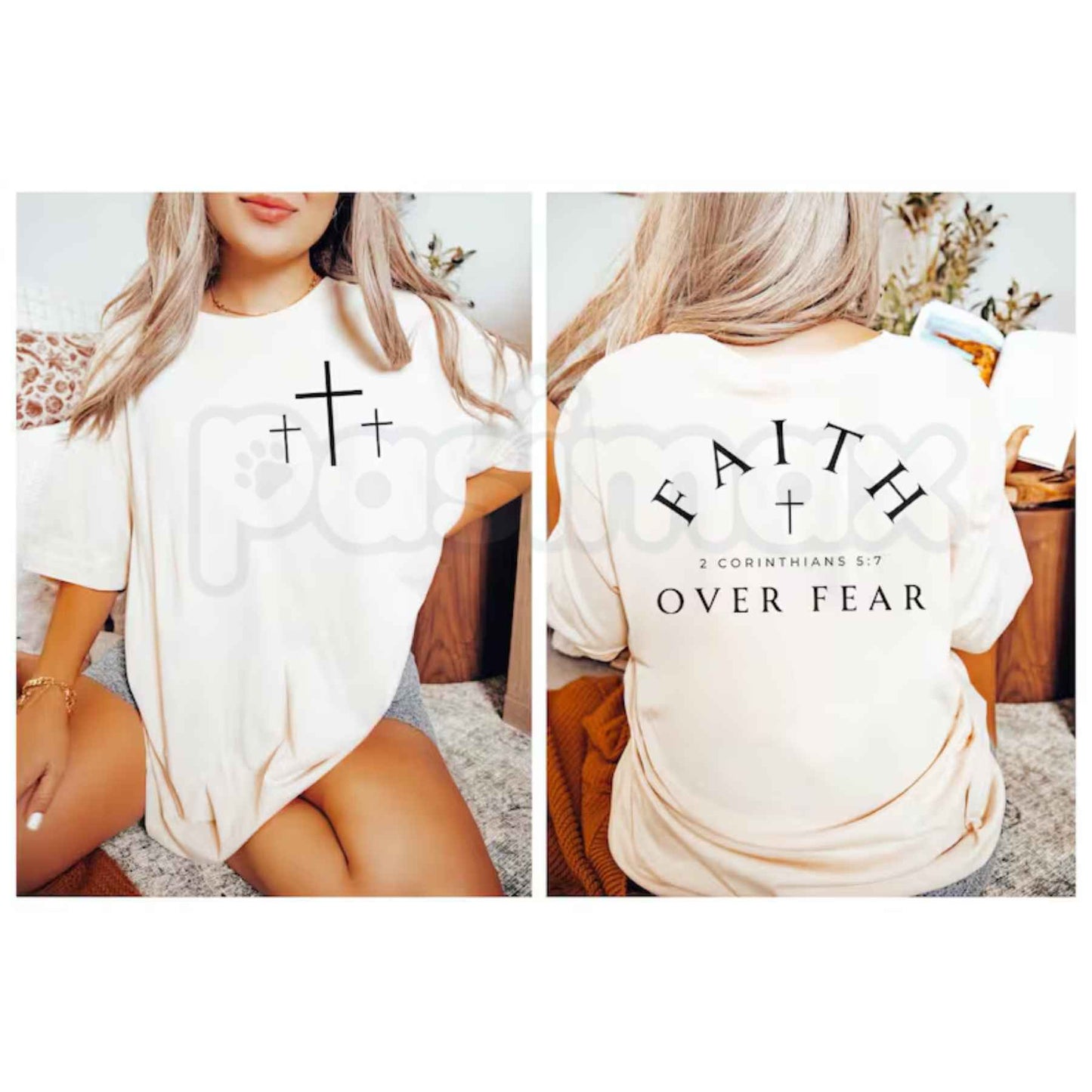Pink Faith Over Fear 2 Corinthians 5:7 T-Shirt – Double-Sided Christian Cross Unisex Cotton Tee-Pasimax