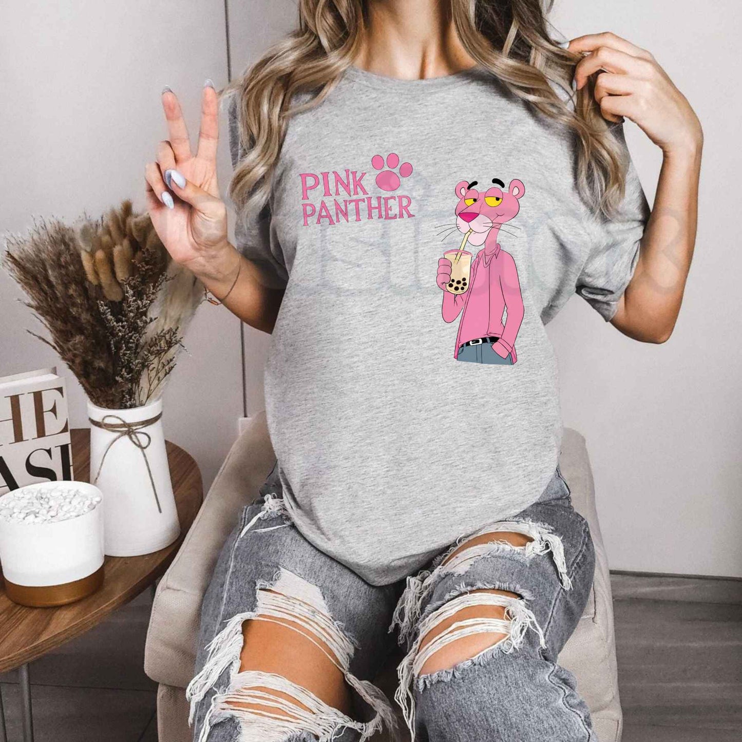 Pink Panther Bubble Tea Graphic T-Shirt – Cute Boba Cartoon Unisex Cotton Tee-Pasimax