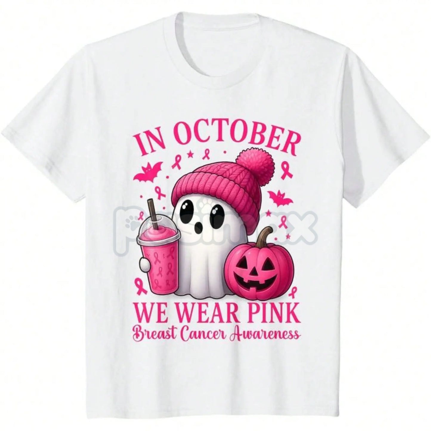 Pink Power Halloween Awareness Shirt - Cute Ghost & Pumpkin Breast Cancer Tee, October Statement Graphic-Pasimax