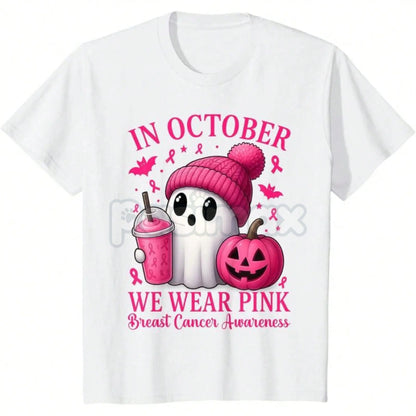 Pink Power Halloween Awareness Shirt - Cute Ghost & Pumpkin Breast Cancer Tee, October Statement Graphic-Pasimax
