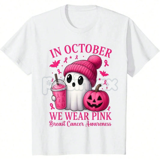 Pink Power Halloween Awareness Shirt - Cute Ghost & Pumpkin Breast Cancer Tee, October Statement Graphic-Pasimax